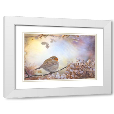 Robin On Dreams White Modern Wood Framed Art Print with Double Matting by Teuni