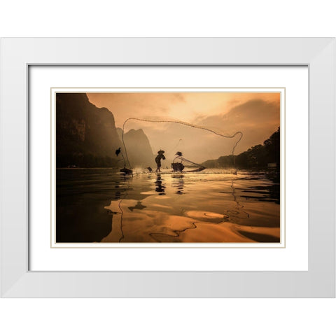 Spread The Fish Nets White Modern Wood Framed Art Print with Double Matting by Song, Gunarto