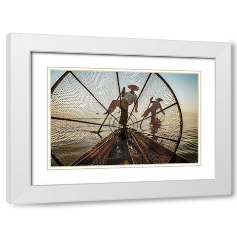 Intha Fishermen White Modern Wood Framed Art Print with Double Matting by Martinelli, Michele