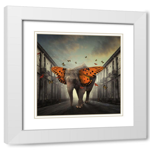 Butterphant White Modern Wood Framed Art Print with Double Matting by Hardibudi