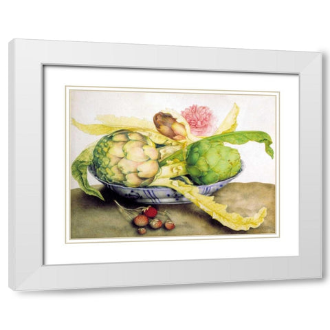 Artichoke, Rose andStrawberries White Modern Wood Framed Art Print with Double Matting by Garzoni, Giovanna