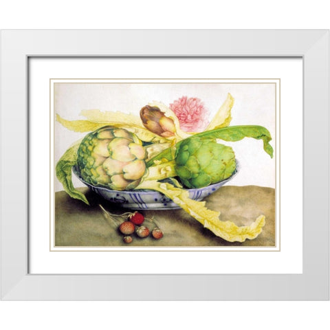 Artichoke, Rose andStrawberries White Modern Wood Framed Art Print with Double Matting by Garzoni, Giovanna