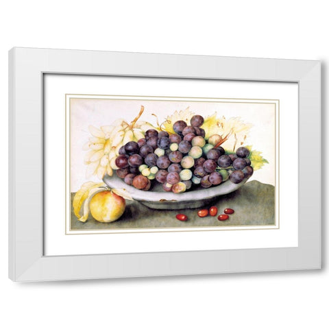 Dish of Grapes and a Peach White Modern Wood Framed Art Print with Double Matting by Garzoni, Giovanna