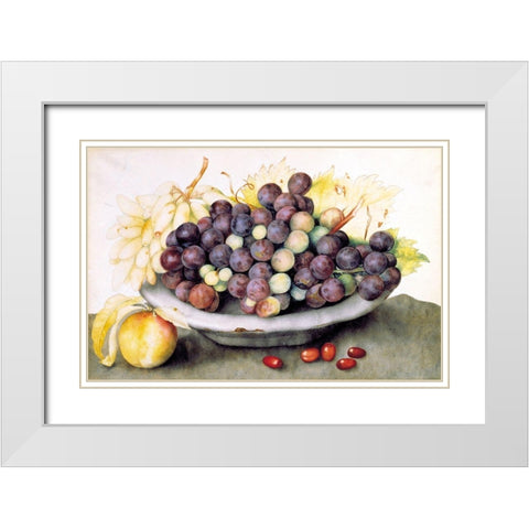 Dish of Grapes and a Peach White Modern Wood Framed Art Print with Double Matting by Garzoni, Giovanna