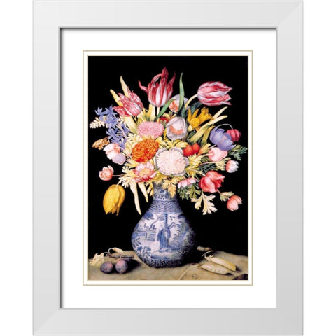 Chinese Vase, Varied Flowers, Prunes White Modern Wood Framed Art Print with Double Matting by Garzoni, Giovanna