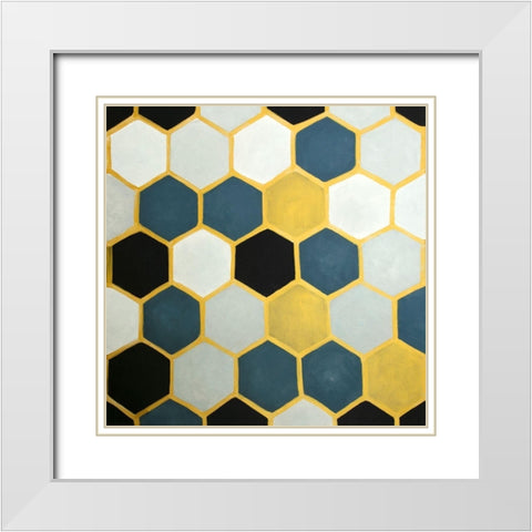 BLUE AND GOLD CELLS White Modern Wood Framed Art Print with Double Matting by Atelier B Art Studio
