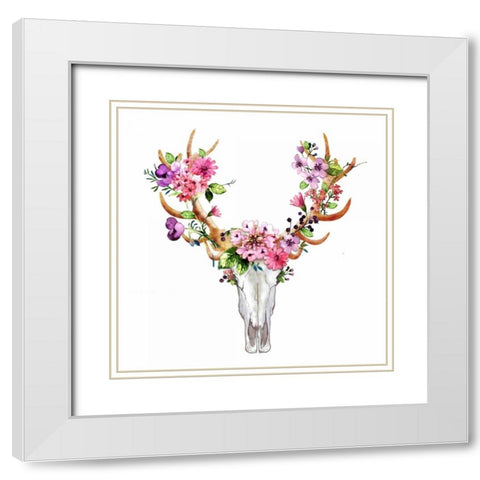 Rustic Deer Skull with Flowers White Modern Wood Framed Art Print with Double Matting by Atelier B Art Studio