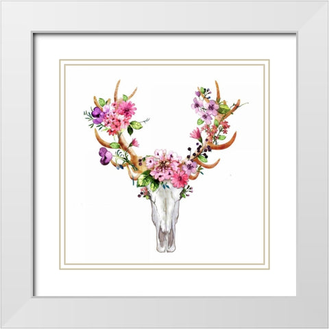Rustic Deer Skull with Flowers White Modern Wood Framed Art Print with Double Matting by Atelier B Art Studio