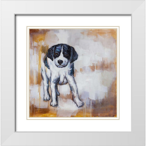Curious Puppy Dog White Modern Wood Framed Art Print with Double Matting by Atelier B Art Studio