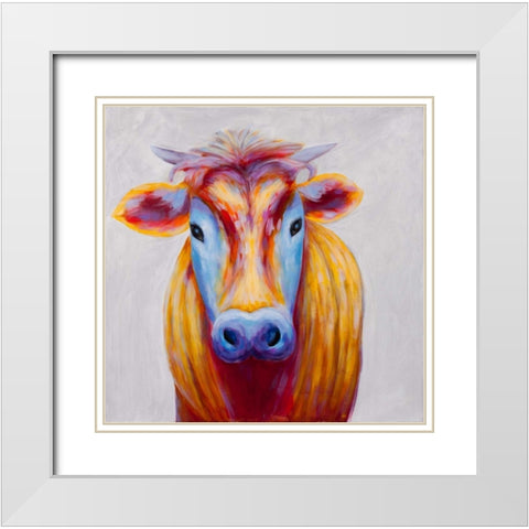 Colorful Country Cow White Modern Wood Framed Art Print with Double Matting by Atelier B Art Studio