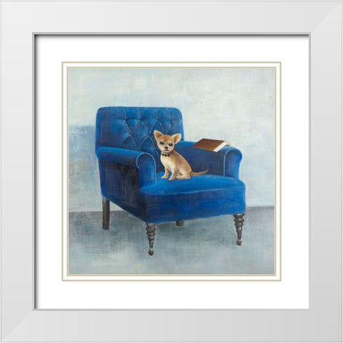 CHIHUAHUA ON A BLUE ARMCHAIR White Modern Wood Framed Art Print with Double Matting by Atelier B Art Studio