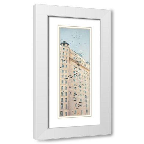 BIRDS FLYING IN FRONT OF A BUILDING White Modern Wood Framed Art Print with Double Matting by Atelier B Art Studio