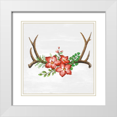 DEER HORNS AND PINK FLOWERS White Modern Wood Framed Art Print with Double Matting by Atelier B Art Studio