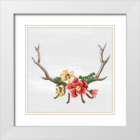 DEER HORNS WITH FLOWERS White Modern Wood Framed Art Print with Double Matting by Atelier B Art Studio