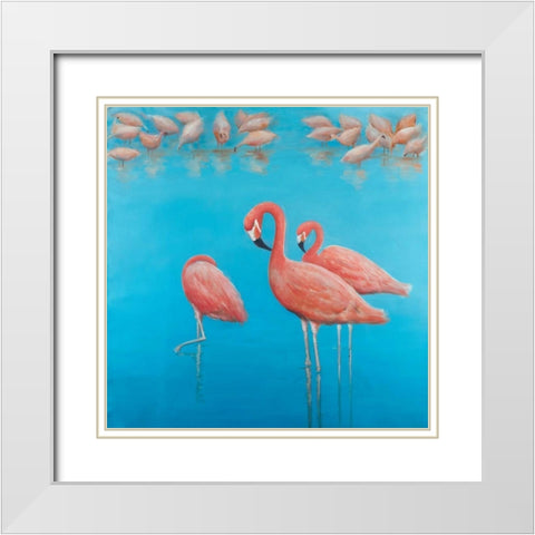 Group of Flamingos White Modern Wood Framed Art Print with Double Matting by Atelier B Art Studio