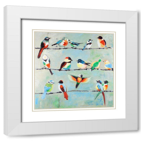 Small Abstract Colorful Birds White Modern Wood Framed Art Print with Double Matting by Atelier B Art Studio