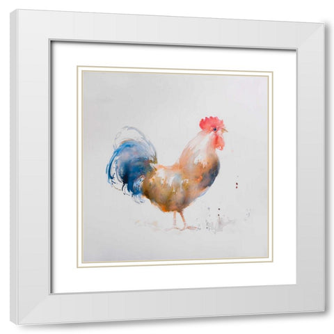 Rooster Watercolor Style White Modern Wood Framed Art Print with Double Matting by Atelier B Art Studio