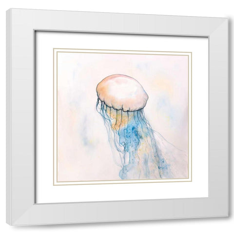 Watercolor Jellyfish White Modern Wood Framed Art Print with Double Matting by Atelier B Art Studio