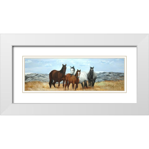 Group of Wild Horses White Modern Wood Framed Art Print with Double Matting by Atelier B Art Studio