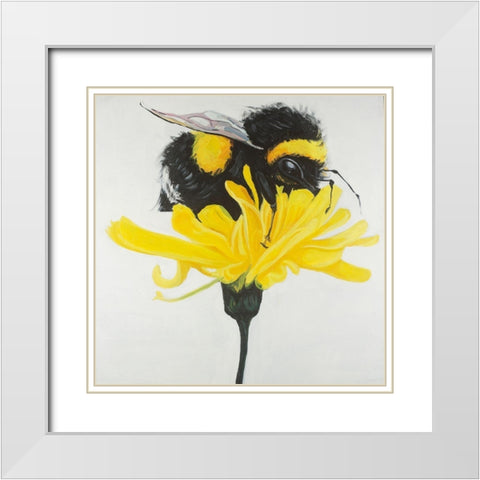 Hungry Bumblebee on a Dandelion White Modern Wood Framed Art Print with Double Matting by Atelier B Art Studio
