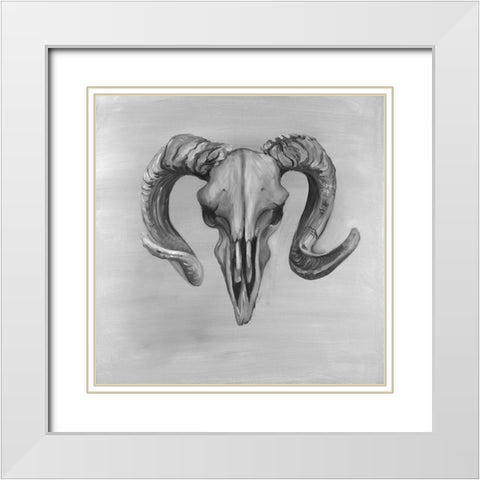Grayscale Aries Skull White Modern Wood Framed Art Print with Double Matting by Atelier B Art Studio