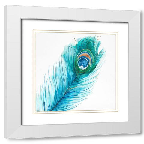 Long Peacock Feather White Modern Wood Framed Art Print with Double Matting by Atelier B Art Studio