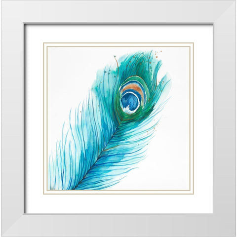 Long Peacock Feather White Modern Wood Framed Art Print with Double Matting by Atelier B Art Studio