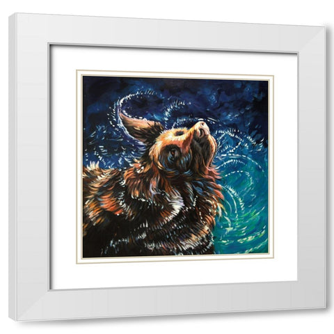 WET GOLDEN RETREIVER SHAKING TO DRY White Modern Wood Framed Art Print with Double Matting by Atelier B Art Studio