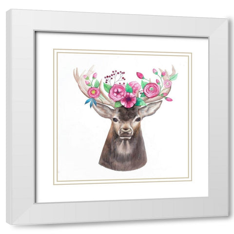 DEER HEAD WITH FLOWERS White Modern Wood Framed Art Print with Double Matting by Atelier B Art Studio