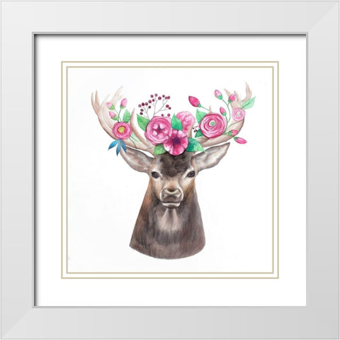DEER HEAD WITH FLOWERS White Modern Wood Framed Art Print with Double Matting by Atelier B Art Studio
