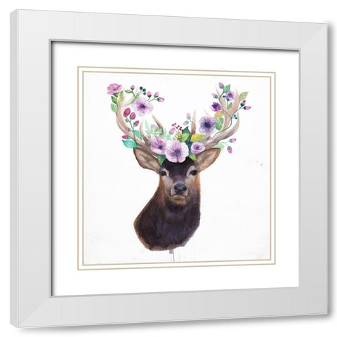 ROE DEER HEAD WITH FLOWERS White Modern Wood Framed Art Print with Double Matting by Atelier B Art Studio