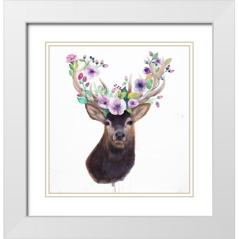 ROE DEER HEAD WITH FLOWERS White Modern Wood Framed Art Print with Double Matting by Atelier B Art Studio