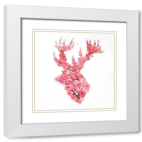 DEER WITH CHERRIES BLOSSOM White Modern Wood Framed Art Print with Double Matting by Atelier B Art Studio
