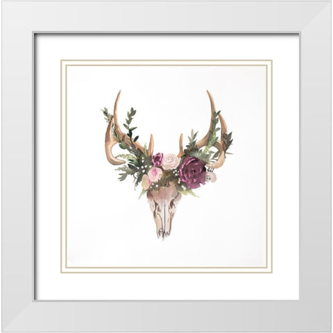 Deer Skull with Flowers White Modern Wood Framed Art Print with Double Matting by Atelier B Art Studio