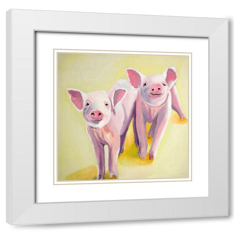TWO SMILING PIGS White Modern Wood Framed Art Print with Double Matting by Atelier B Art Studio