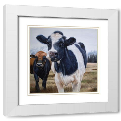 TWO COWS EATING GRASS White Modern Wood Framed Art Print with Double Matting by Atelier B Art Studio