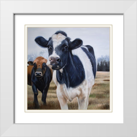 TWO COWS EATING GRASS White Modern Wood Framed Art Print with Double Matting by Atelier B Art Studio