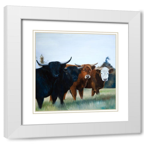 FOUR HIGHLAND COWS White Modern Wood Framed Art Print with Double Matting by Atelier B Art Studio