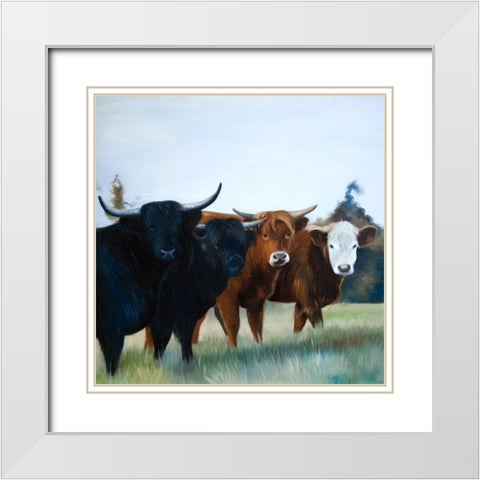 FOUR HIGHLAND COWS White Modern Wood Framed Art Print with Double Matting by Atelier B Art Studio