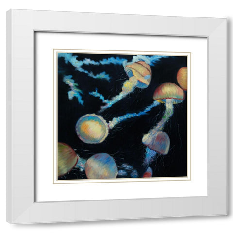 COLORFUL JELLYFISHES IN THE DARK White Modern Wood Framed Art Print with Double Matting by Atelier B Art Studio
