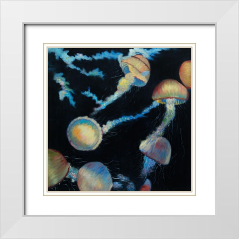 COLORFUL JELLYFISHES IN THE DARK White Modern Wood Framed Art Print with Double Matting by Atelier B Art Studio