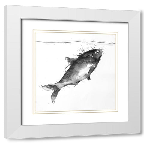 HAPPY SWIMMING FISH White Modern Wood Framed Art Print with Double Matting by Atelier B Art Studio