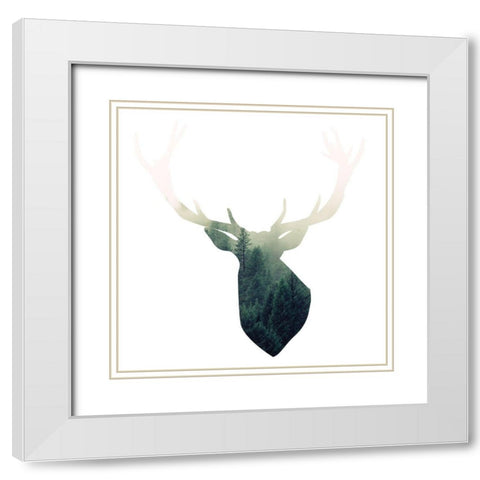 DEER HEAD WITH GREEN LANDSCAPE SHAPE White Modern Wood Framed Art Print with Double Matting by Atelier B Art Studio
