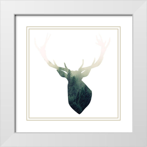 DEER HEAD WITH GREEN LANDSCAPE SHAPE White Modern Wood Framed Art Print with Double Matting by Atelier B Art Studio