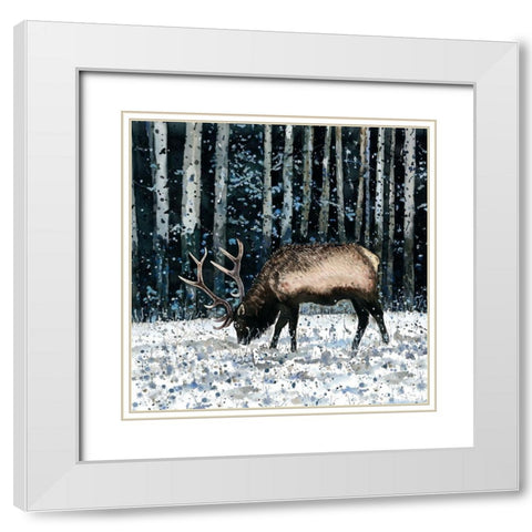CARIBOU IN THE WINTER FOREST White Modern Wood Framed Art Print with Double Matting by Atelier B Art Studio