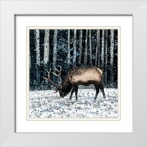 CARIBOU IN THE WINTER FOREST White Modern Wood Framed Art Print with Double Matting by Atelier B Art Studio