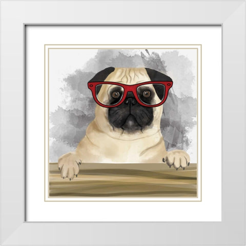 Pug with Glasses White Modern Wood Framed Art Print with Double Matting by Atelier B Art Studio