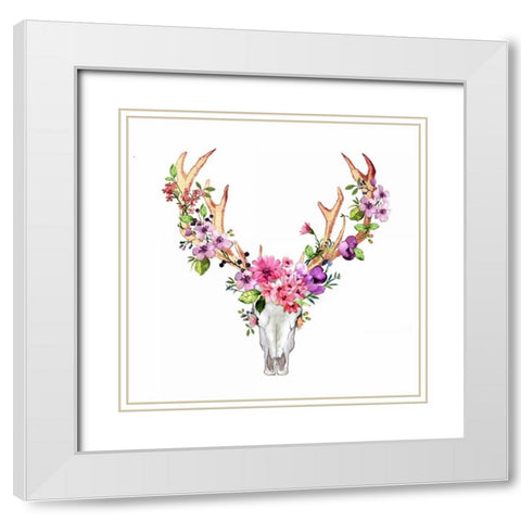 Deer Skull with Flowers  White Modern Wood Framed Art Print with Double Matting by Atelier B Art Studio