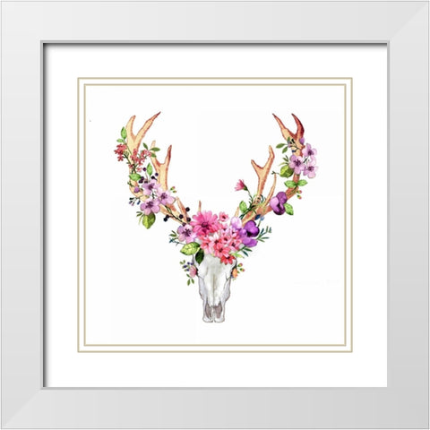 Deer Skull with Flowers  White Modern Wood Framed Art Print with Double Matting by Atelier B Art Studio