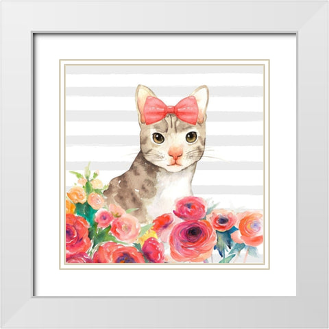SMALL CAT WITH FLOWERS White Modern Wood Framed Art Print with Double Matting by Atelier B Art Studio